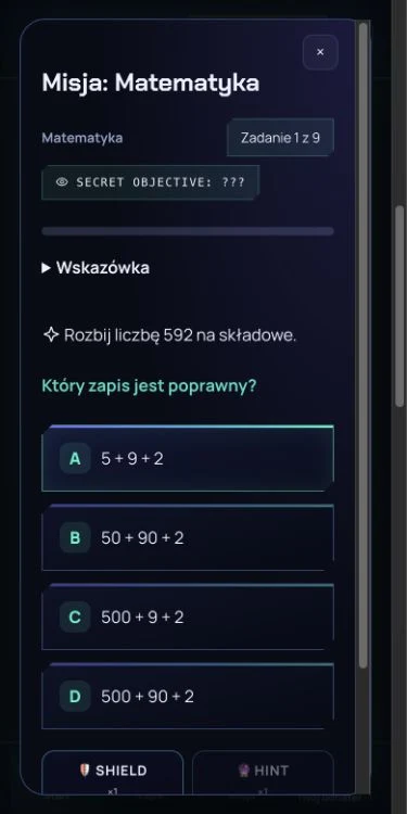 Aktualny ekran zadania matematycznego